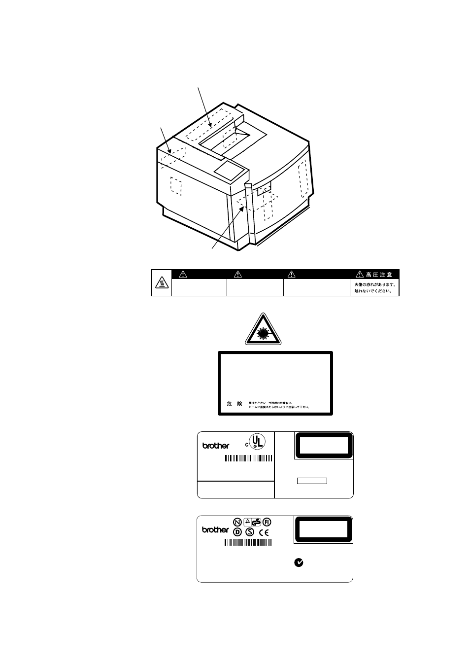 Viii <label location, Hot caution label, Laser caution label | Rating label (for us), For europe), Safety instructions | Brother HL-1040 User Manual | Page 147 / 305