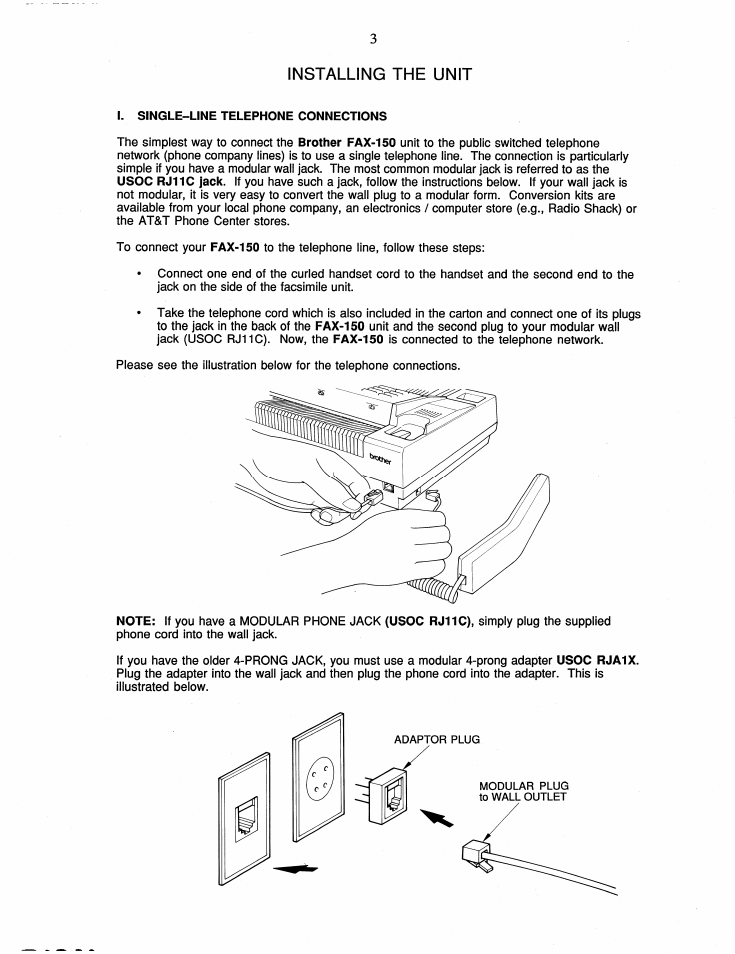 Installing the unit | Brother FAX-150 User Manual | Page 9 / 36