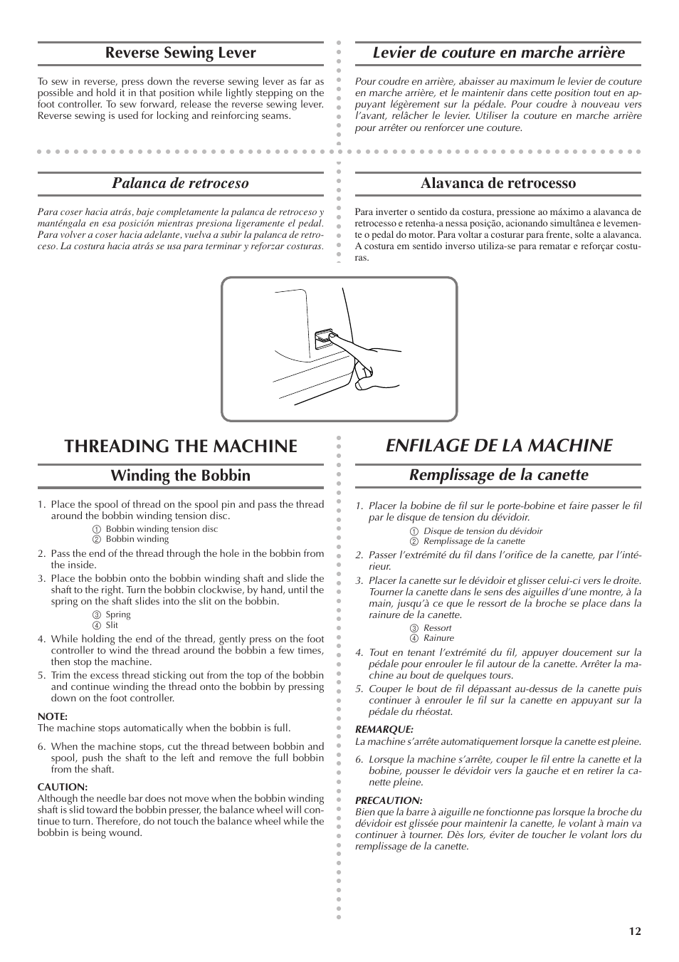 Enfilage de la machine, Threading the machine, Reverse sewing lever | Levier de couture en marche arrière, Winding the bobbin, Remplissage de la canette, Palanca de retroceso, Alavanca de retrocesso | Brother LS 1520 User Manual | Page 20 / 67