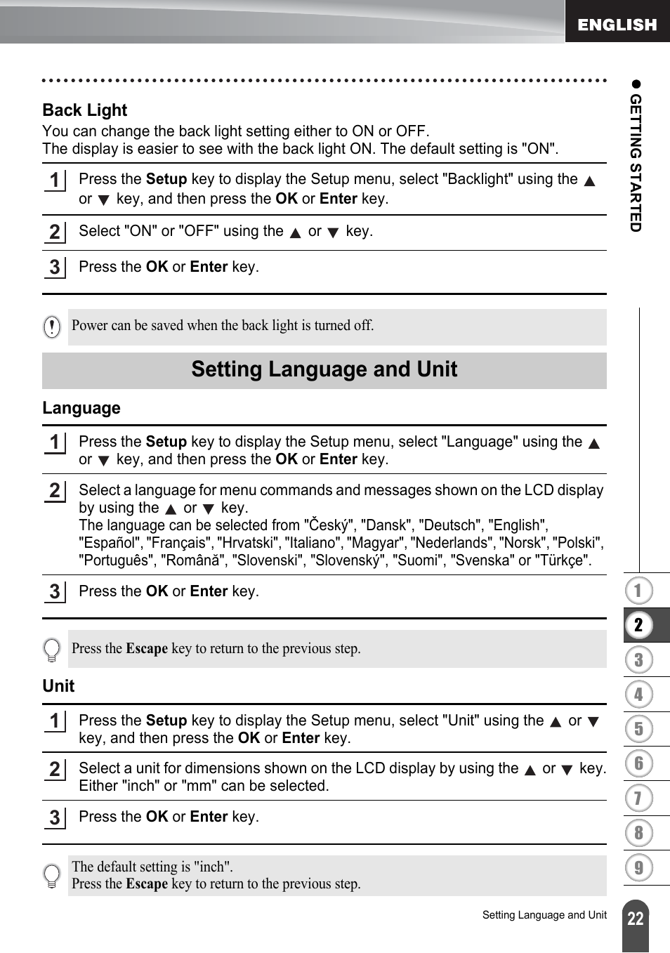 Back light, Setting language and unit, Language | Unit, Language unit | Brother PT-2730 User Manual | Page 29 / 88