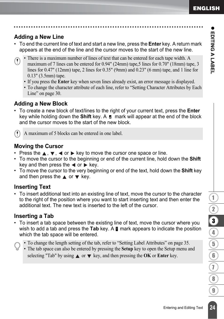 Adding a new line, Adding a new block, Moving the cursor | Inserting text, Inserting a tab | Brother PT-2730 User Manual | Page 31 / 88