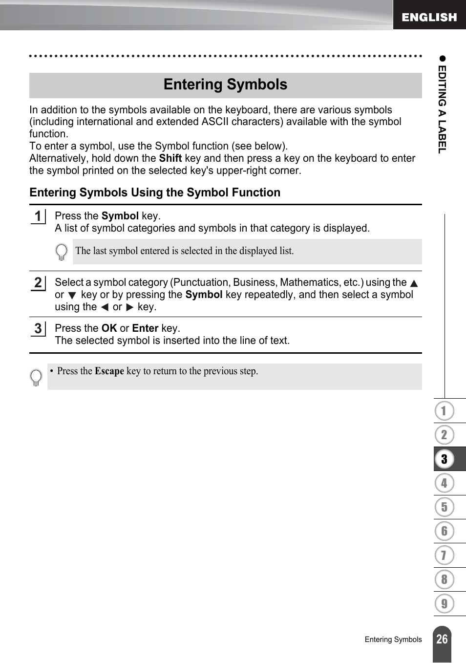 Entering symbols, Entering symbols using the symbol function, P. 26 | Brother PT-2730 User Manual | Page 33 / 88