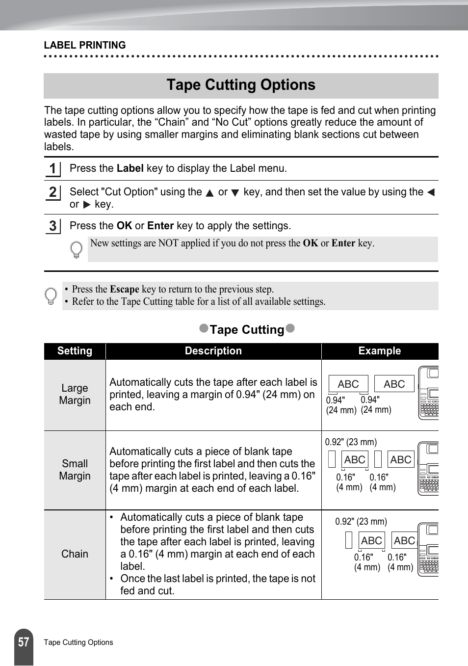 Tape cutting options, P. 57, Ztape cutting options | Brother PT-2730 User Manual | Page 64 / 88