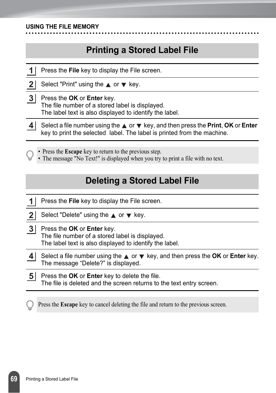 Printing a stored label file, Deleting a stored label file | Brother PT-2730 User Manual | Page 76 / 88