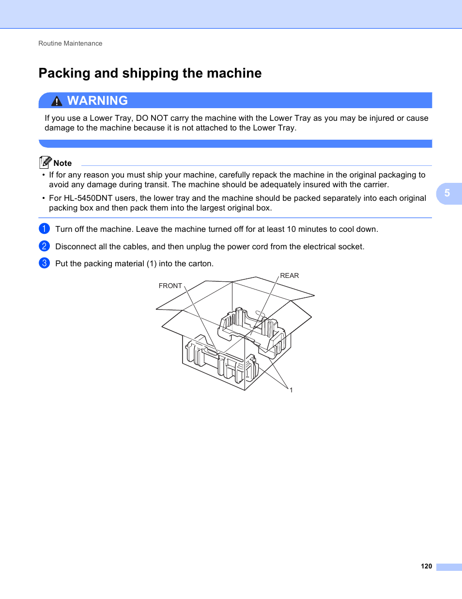 Packing and shipping the machine, Warning | Brother HL-5450DNT User Manual | Page 126 / 167