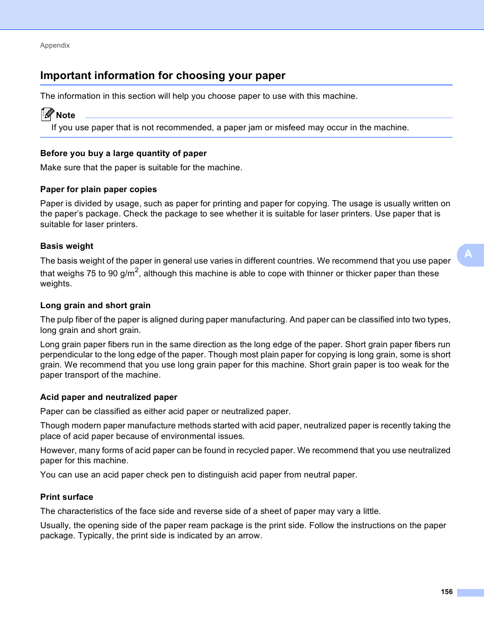 Important information for choosing your paper, Important information for choosing your paper uu, Aimportant information for choosing your paper | Before you buy a large quantity of paper | Brother HL-5450DNT User Manual | Page 162 / 167