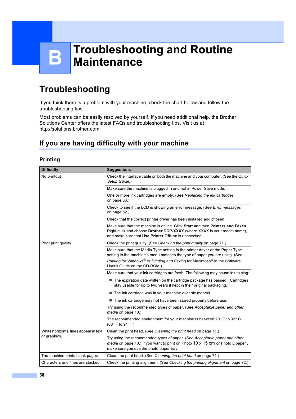 B troubleshooting and routine maintenance, Troubleshooting, If you are having difficulty with your machine | Troubleshooting and routine maintenance | Brother DCP-540CN User Manual | Page 64 / 105