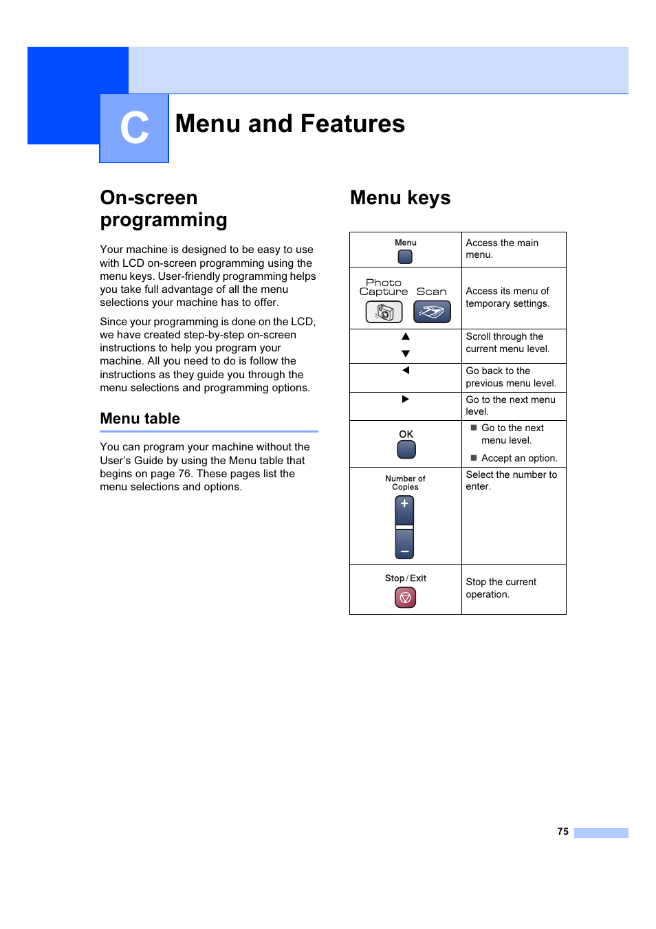 C menu and features, On-screen programming, Menu table | Menu keys, Menu and features | Brother DCP-540CN User Manual | Page 81 / 105