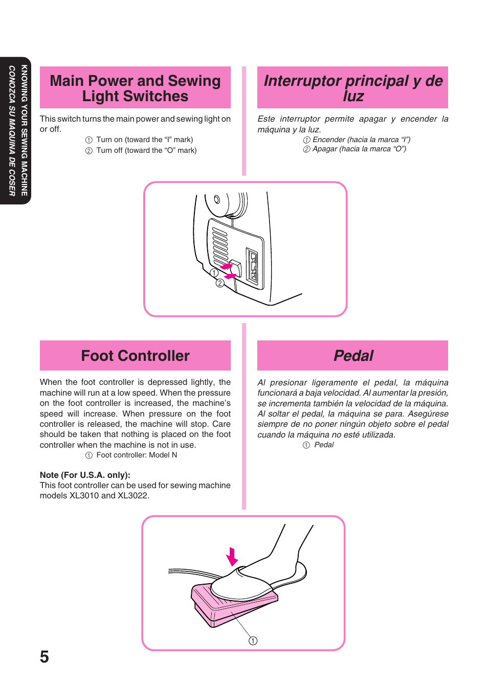 Interruptor principal y de luz, Pedal, Main power and sewing light switches | Foot controller | Brother XL 3010 User Manual | Page 10 / 59