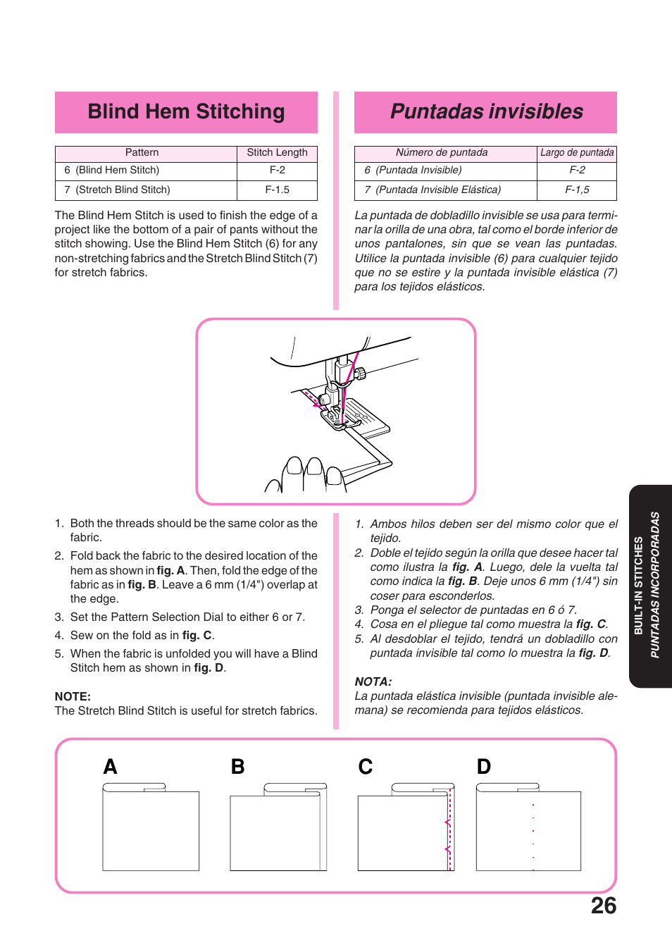 Puntadas invisibles, Blind hem stitching, Ab c d | Brother XL 3010 User Manual | Page 31 / 59
