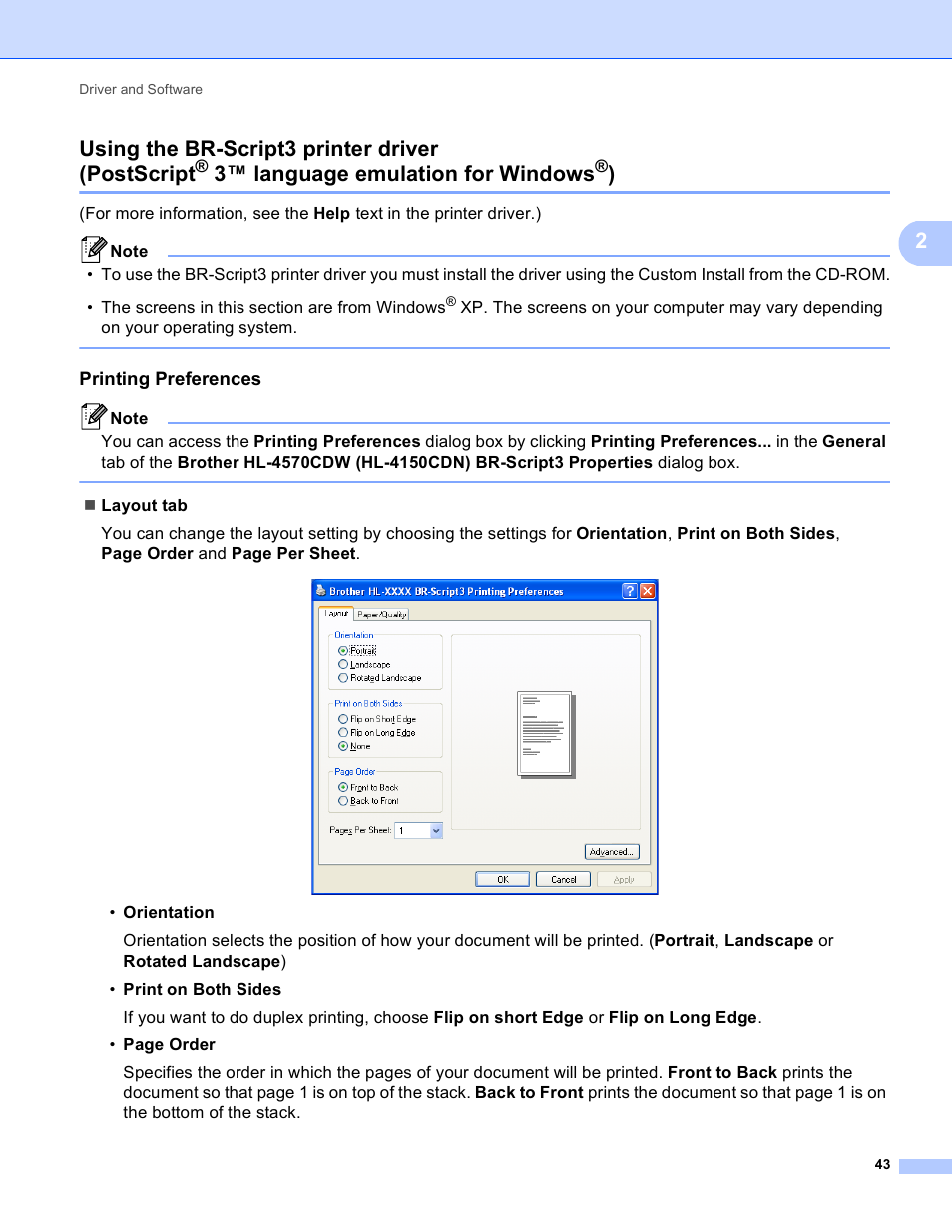 Printing preferences, Using the br-script3 printer driver (postscript, 3™ language emulation for windows | 2using the br-script3 printer driver (postscript | Brother 4570CDW User Manual | Page 66 / 217