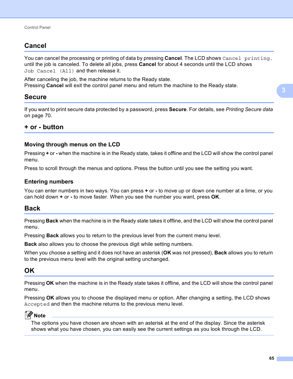 Cancel, Secure, Or - button | Moving through menus on the lcd, Entering numbers, Back, Cancel secure + or - button back ok, 3cancel | Brother 4570CDW User Manual | Page 88 / 217