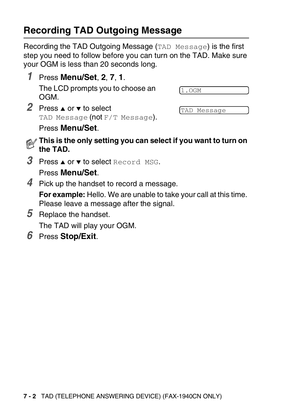 Recording tad outgoing message, Recording tad outgoing message -2 | Brother FAX-1840CN User Manual | Page 101 / 220
