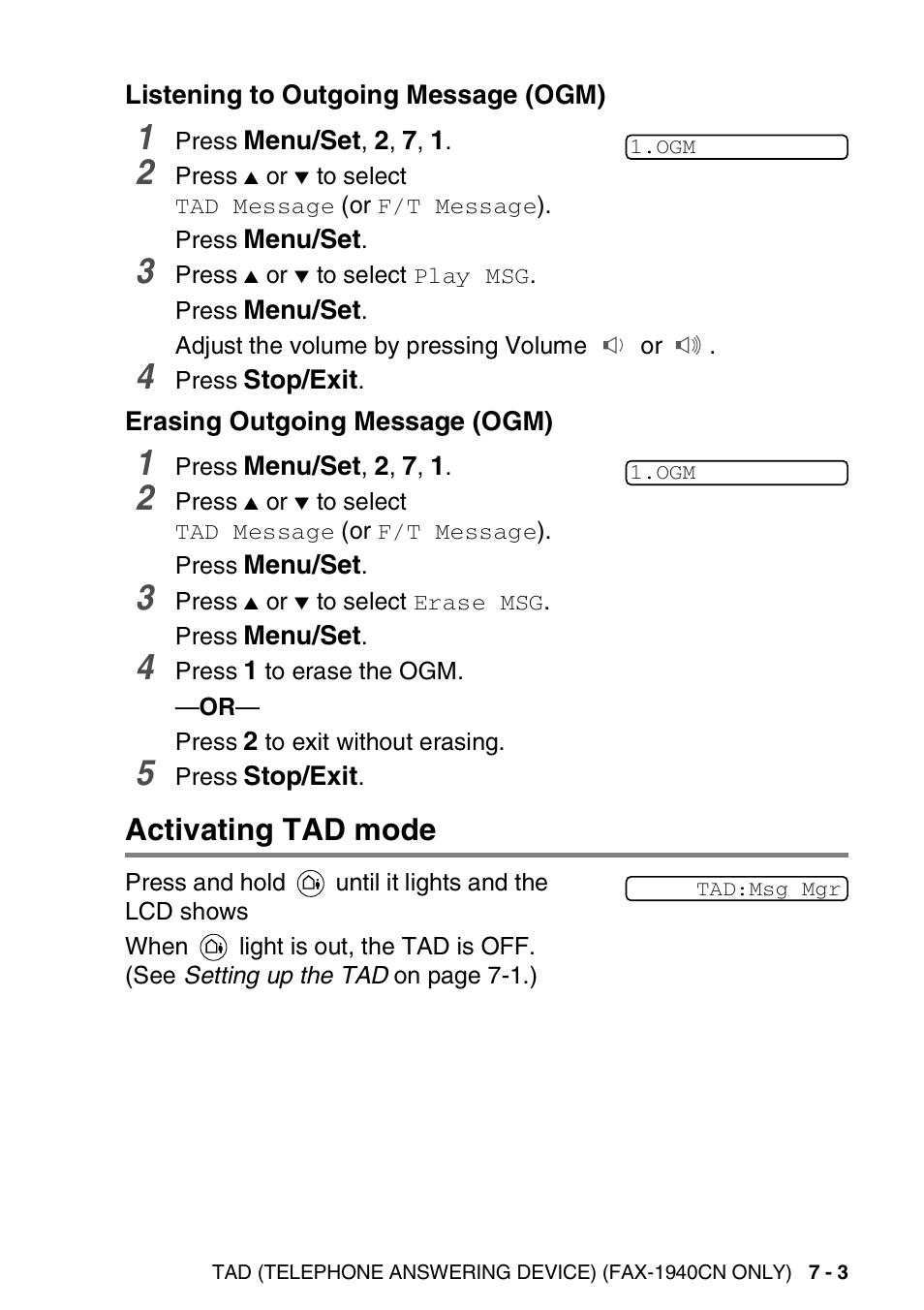 Listening to outgoing message (ogm), Erasing outgoing message (ogm), Activating tad mode | Activating tad mode -3 | Brother FAX-1840CN User Manual | Page 102 / 220