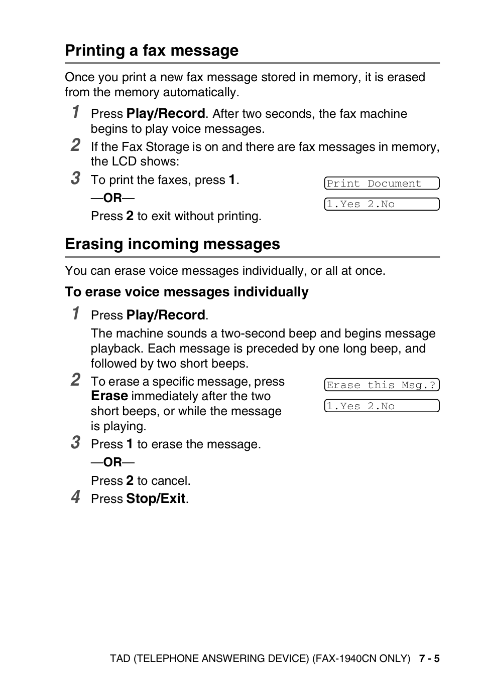 Printing a fax message, Erasing incoming messages, To erase voice messages individually | To erase voice messages individually -5 | Brother FAX-1840CN User Manual | Page 104 / 220