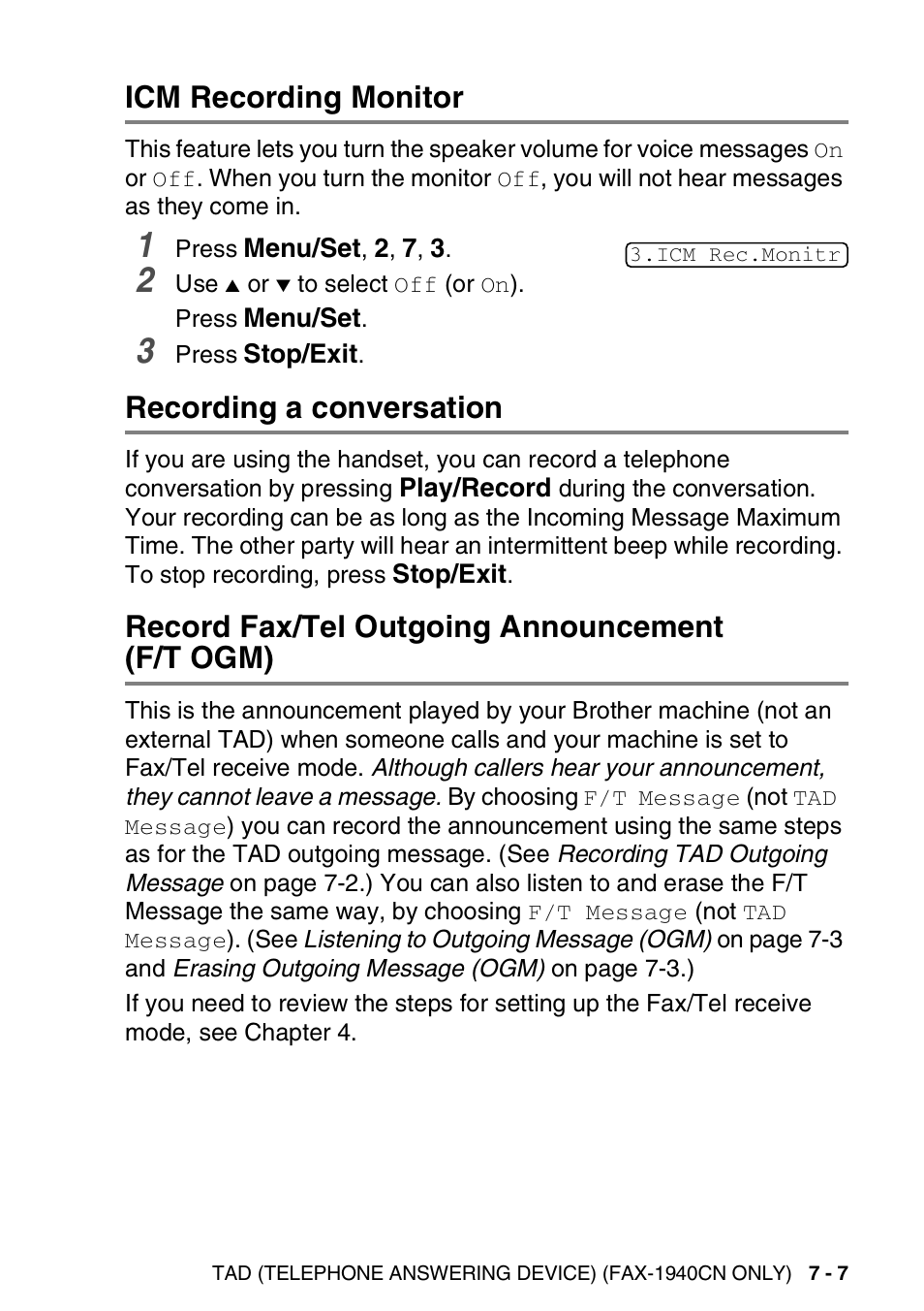 Icm recording monitor, Recording a conversation, Record fax/tel outgoing announcement (f/t ogm) | Brother FAX-1840CN User Manual | Page 106 / 220