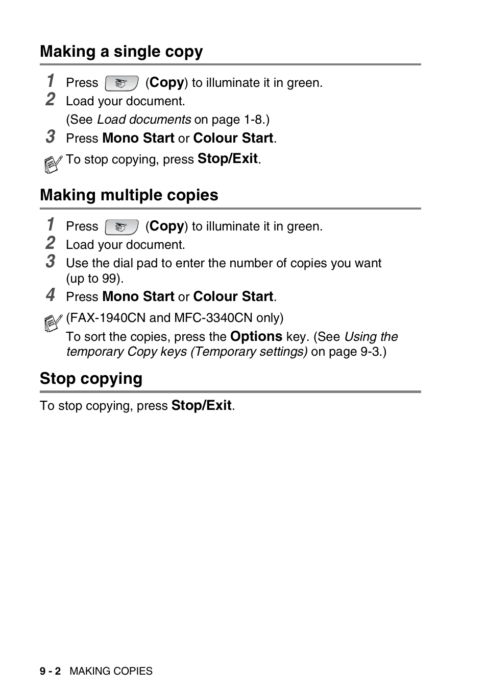 Making a single copy, Making multiple copies, Stop copying | Brother FAX-1840CN User Manual | Page 111 / 220