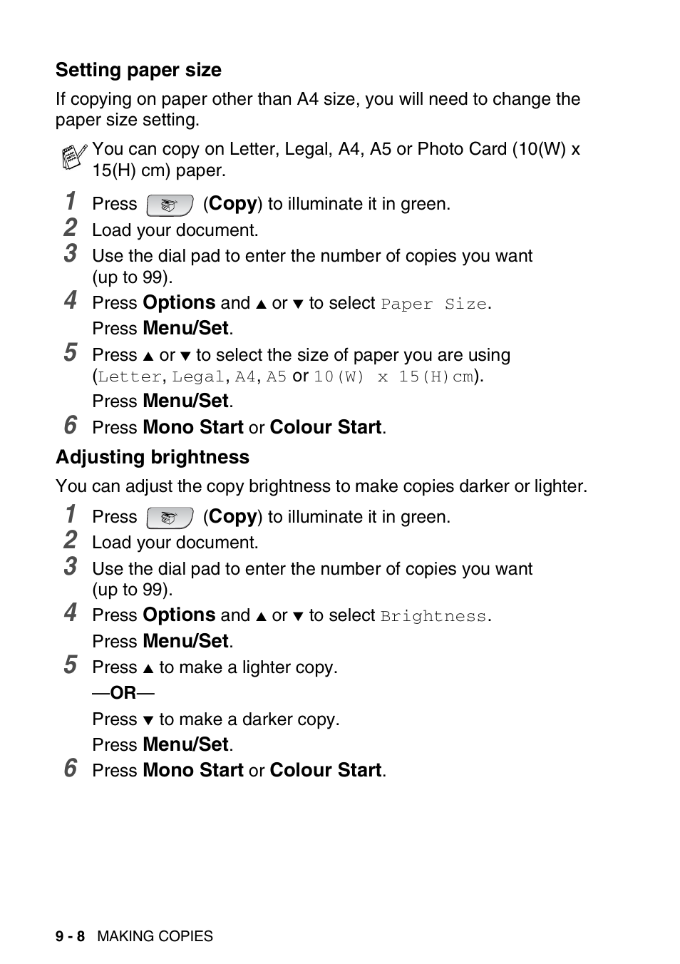 Setting paper size, Adjusting brightness, Setting paper size -8 adjusting brightness -8 | Brother FAX-1840CN User Manual | Page 117 / 220