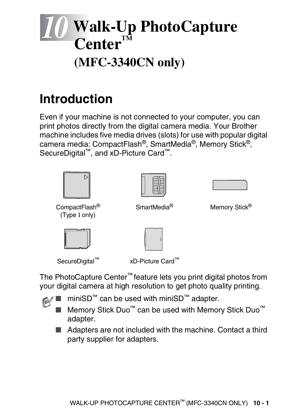 10 walk-up photocapture center™ (mfc-3340cn only), Introduction, Walk-up photocapture center | Mfc-3340cn only) -1, Introduction -1, Mfc-3340cn only) | Brother FAX-1840CN User Manual | Page 124 / 220