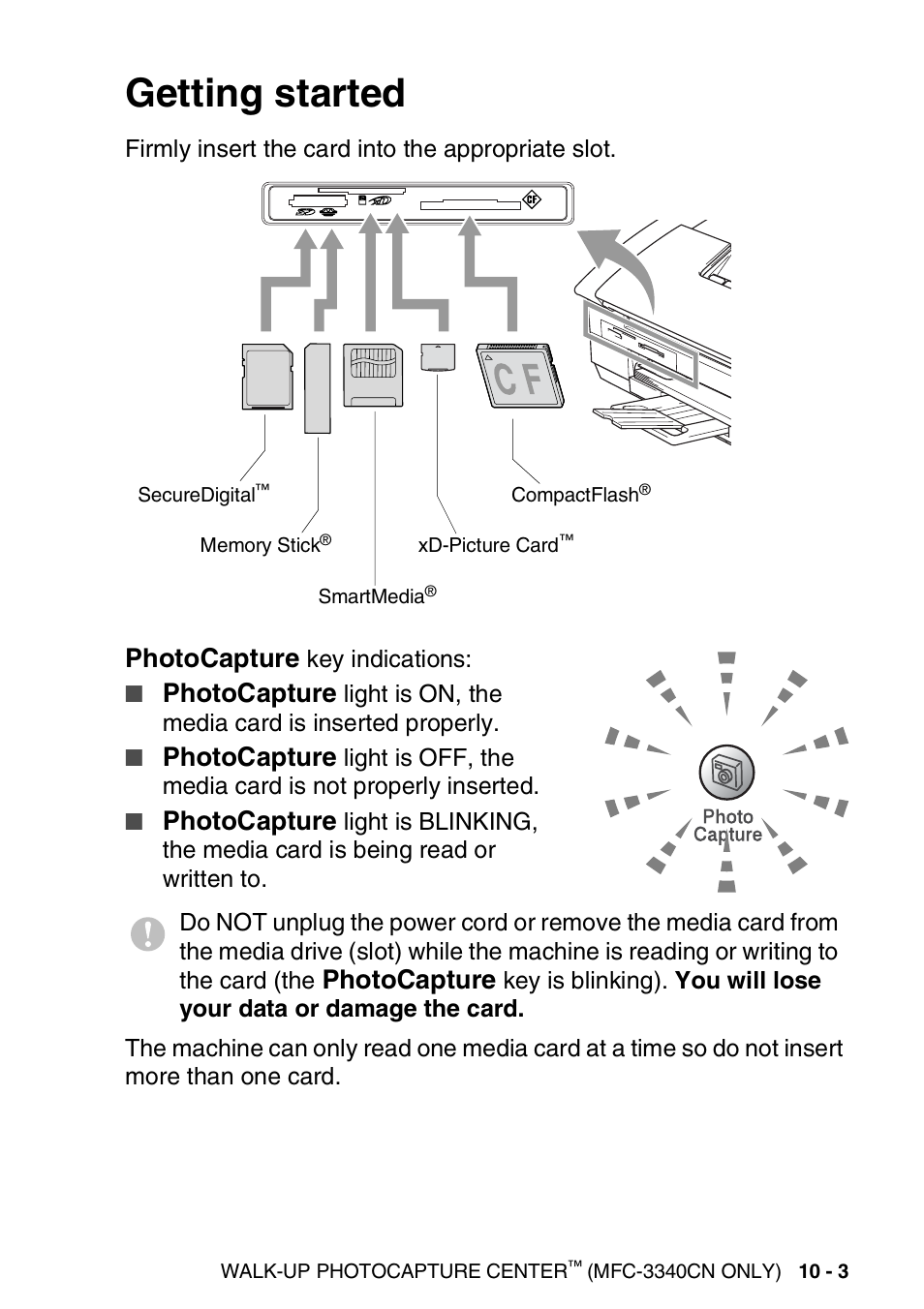 Getting started, Getting started -3, Photocapture | Brother FAX-1840CN User Manual | Page 126 / 220