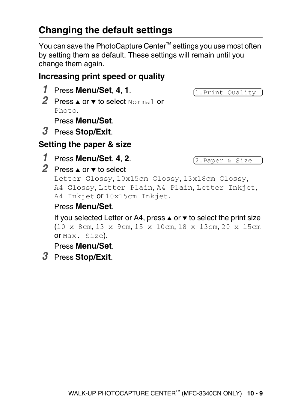 Changing the default settings, Increasing print speed or quality, Setting the paper & size | Changing the default settings -9 | Brother FAX-1840CN User Manual | Page 132 / 220