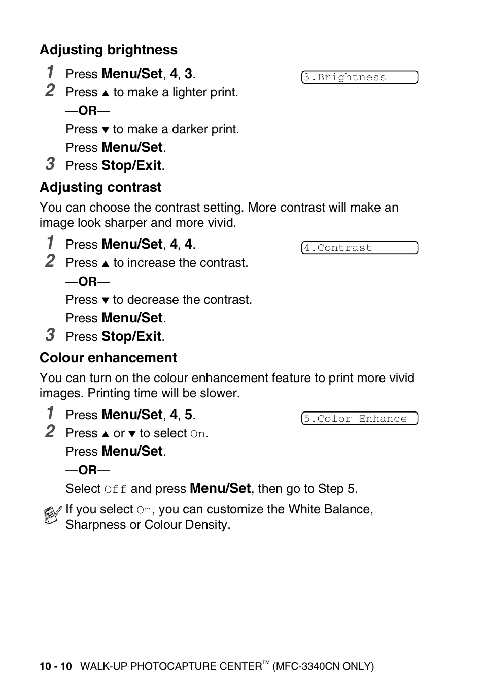 Adjusting brightness, Adjusting contrast, Colour enhancement | Brother FAX-1840CN User Manual | Page 133 / 220