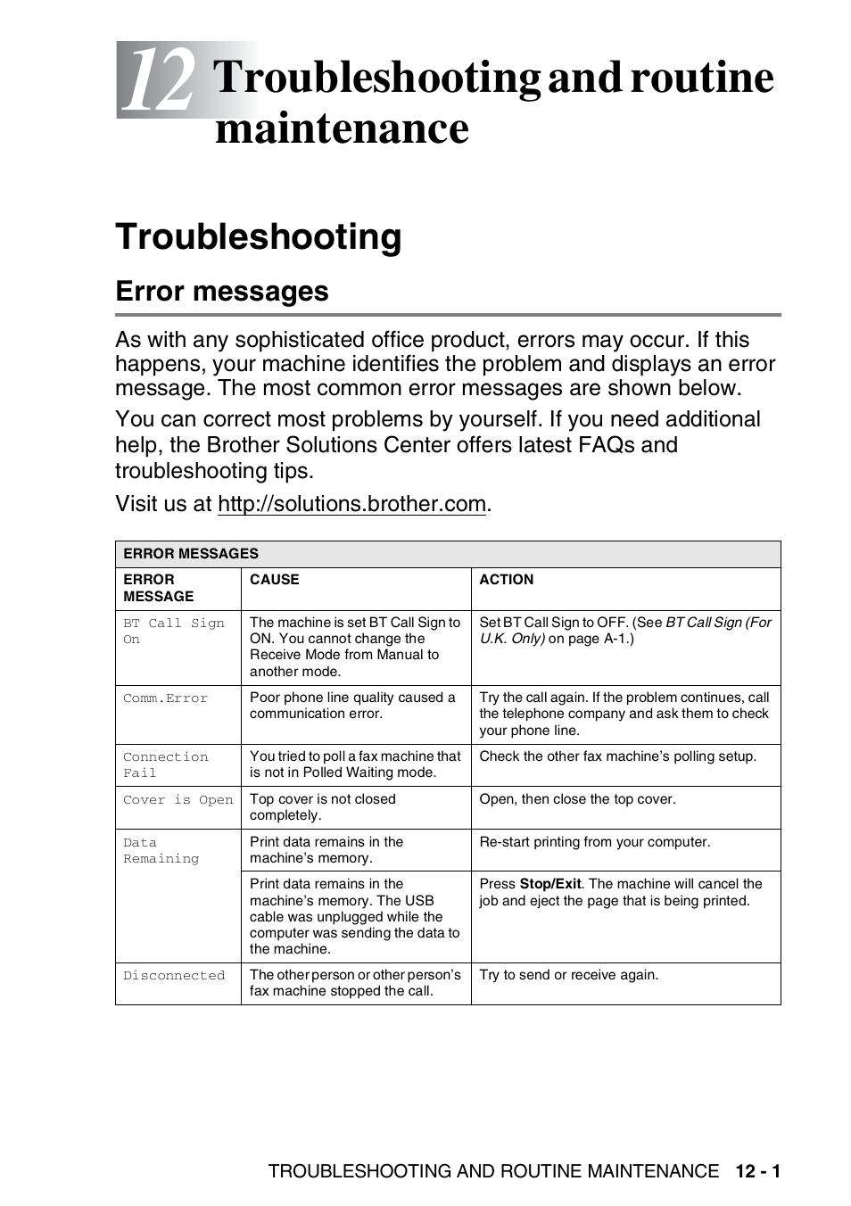 12 troubleshooting and routine maintenance, Troubleshooting, Error messages | Troubleshooting and routine maintenance -1, Troubleshooting -1, Error messages -1, Troubleshooting and routine maintenance | Brother FAX-1840CN User Manual | Page 142 / 220