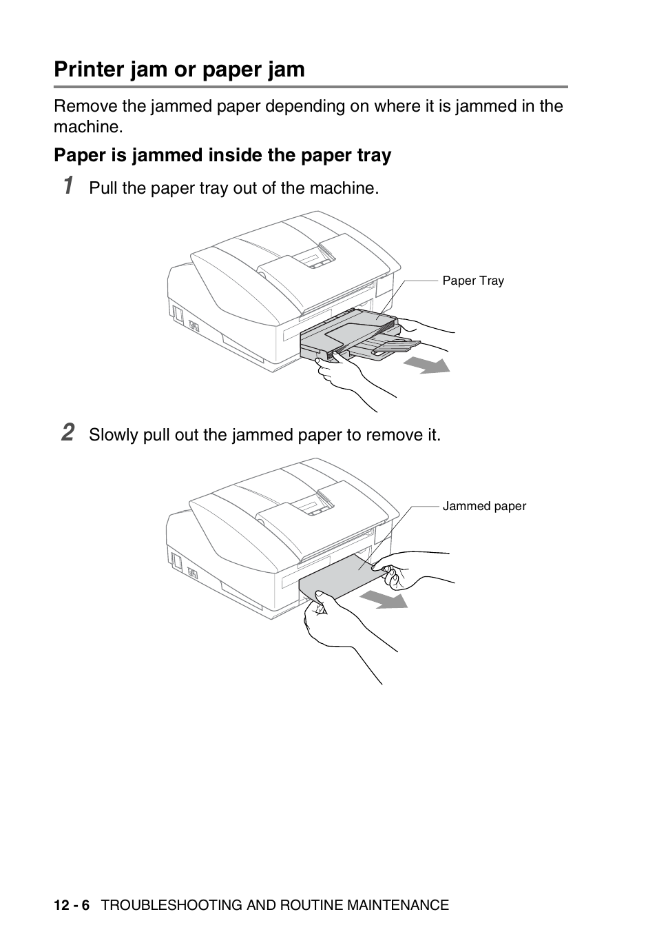 Printer jam or paper jam, Paper is jammed inside the paper tray, Printer jam or paper jam -6 | Paper is jammed inside the paper tray -6 | Brother FAX-1840CN User Manual | Page 147 / 220