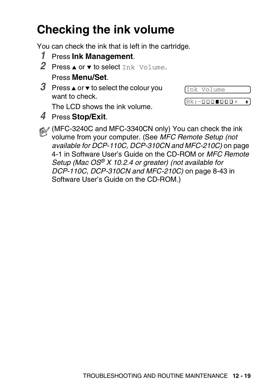 Checking the ink volume, Checking the ink volume -19 | Brother FAX-1840CN User Manual | Page 160 / 220