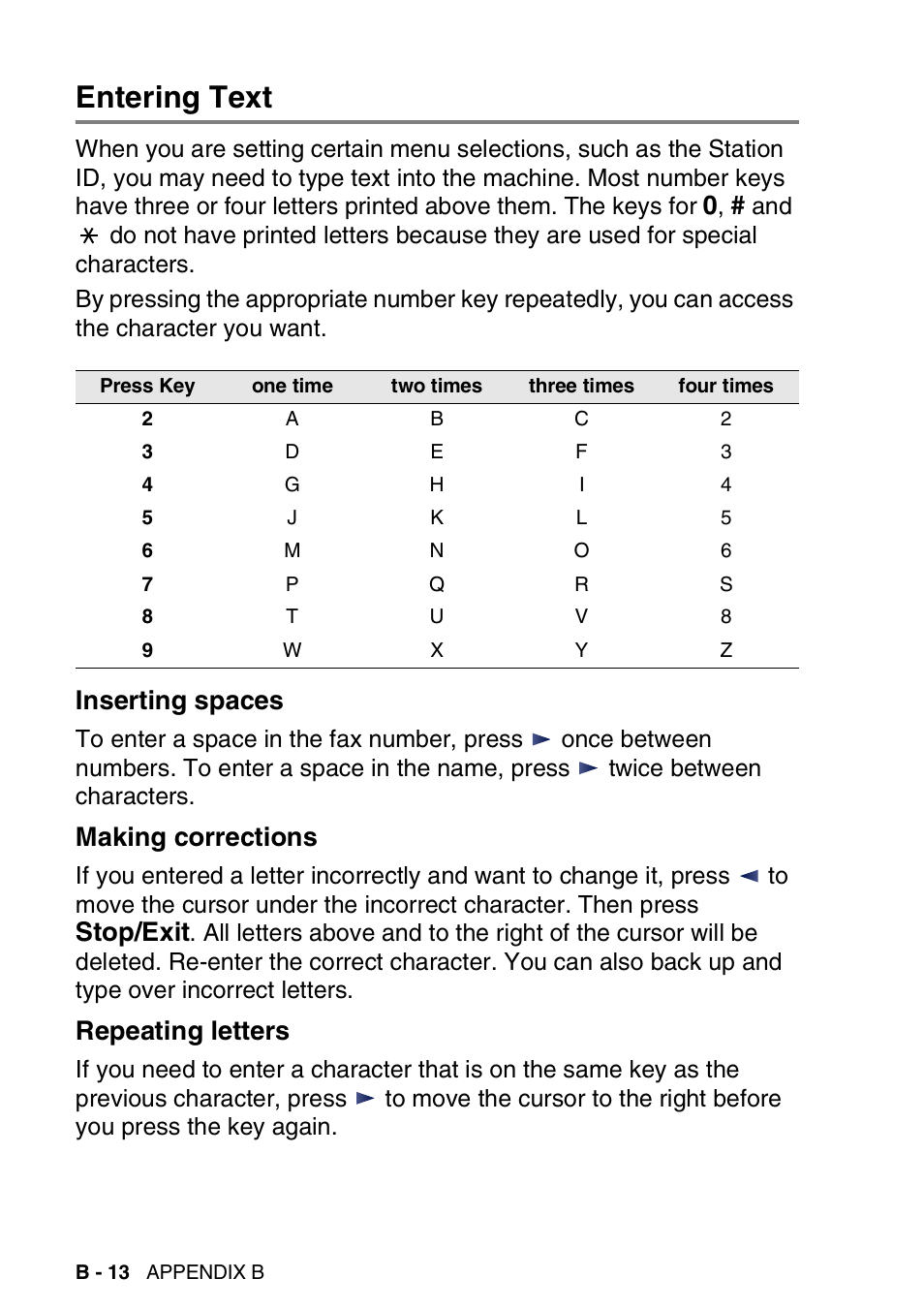 Entering text, Inserting spaces, Making corrections | Repeating letters, Stop/exit | Brother FAX-1840CN User Manual | Page 193 / 220