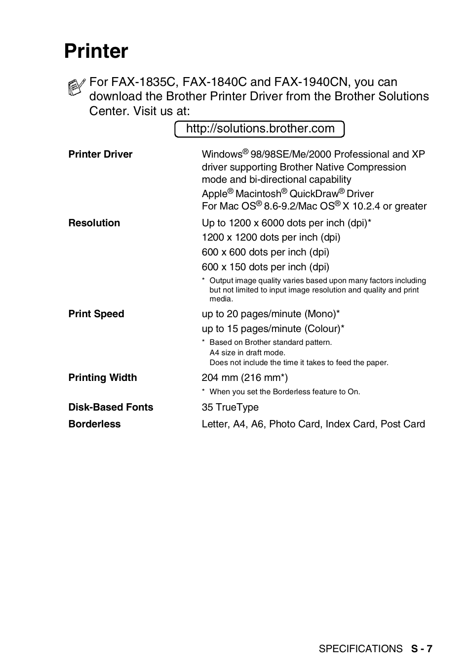 Printer | Brother FAX-1840CN User Manual | Page 206 / 220