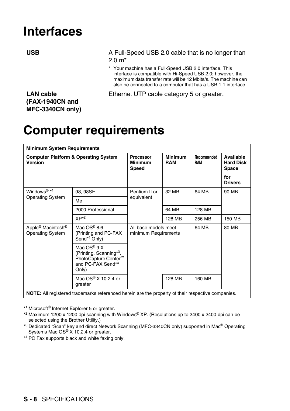 Interfaces, Computer requirements, Interfaces computer requirements | S - 8 specifications | Brother FAX-1840CN User Manual | Page 207 / 220