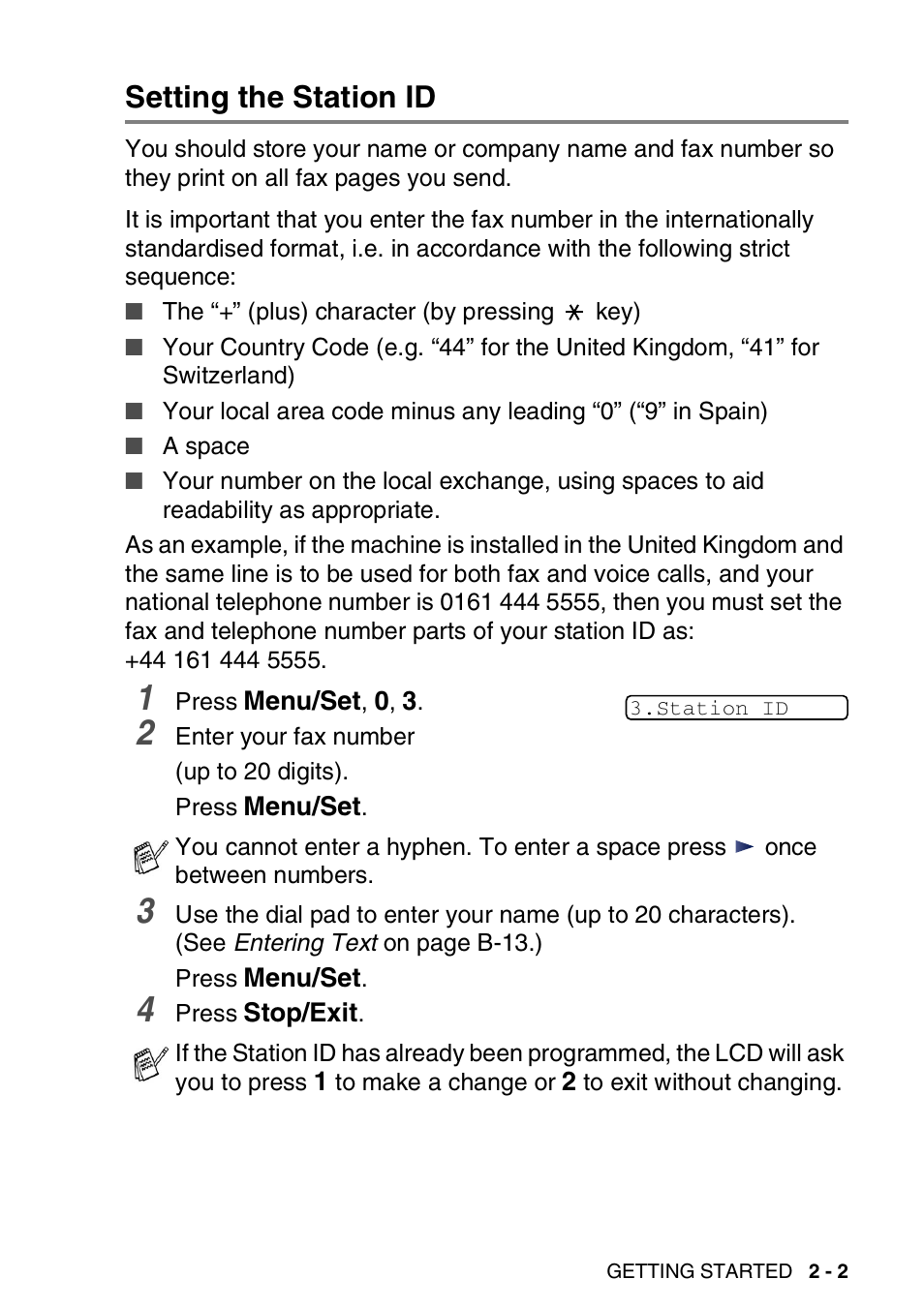 Setting the station id, Setting the station id -2 | Brother FAX-1840CN User Manual | Page 40 / 220