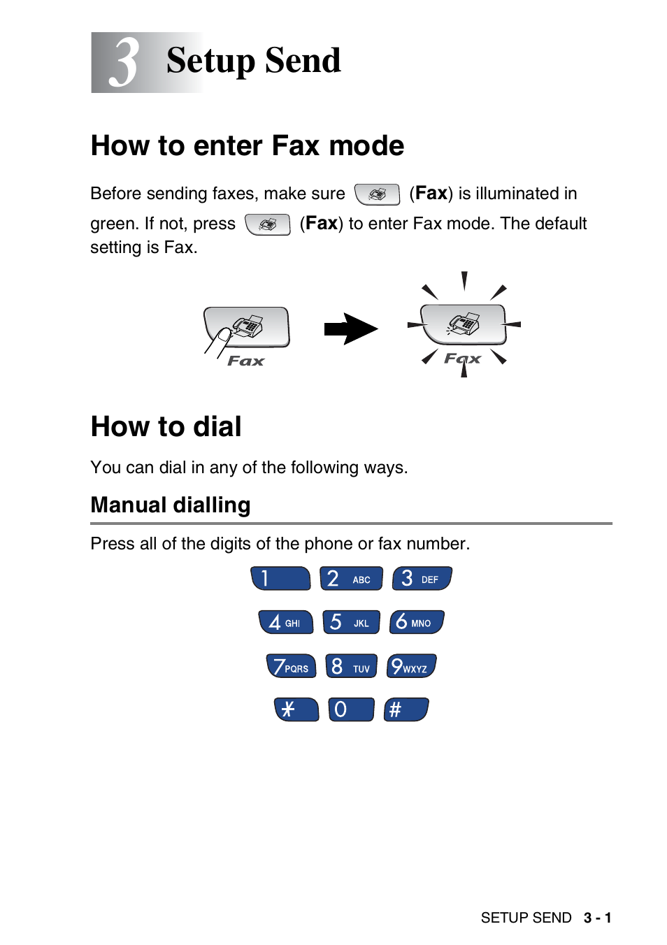 3 setup send, How to enter fax mode, How to dial | Manual dialling, Setup send -1, How to enter fax mode -1 how to dial -1, Manual dialling -1, Setup send | Brother FAX-1840CN User Manual | Page 48 / 220