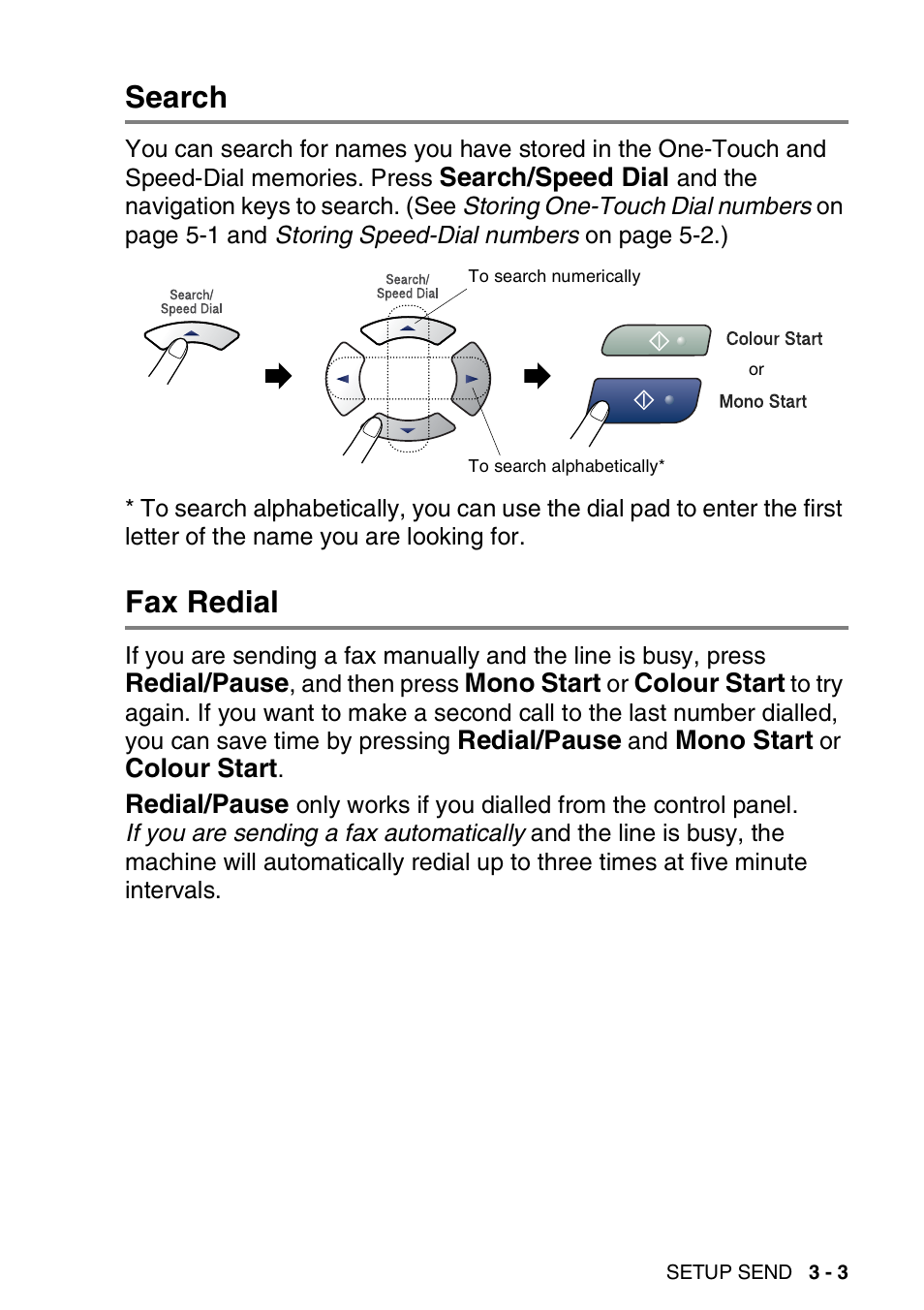 Search, Fax redial, Search -3 fax redial -3 | Brother FAX-1840CN User Manual | Page 50 / 220