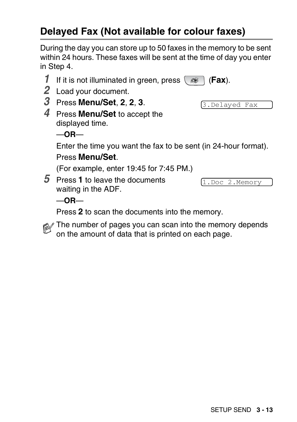 Delayed fax (not available for colour faxes), Delayed fax (not available for colour faxes) -13 | Brother FAX-1840CN User Manual | Page 60 / 220