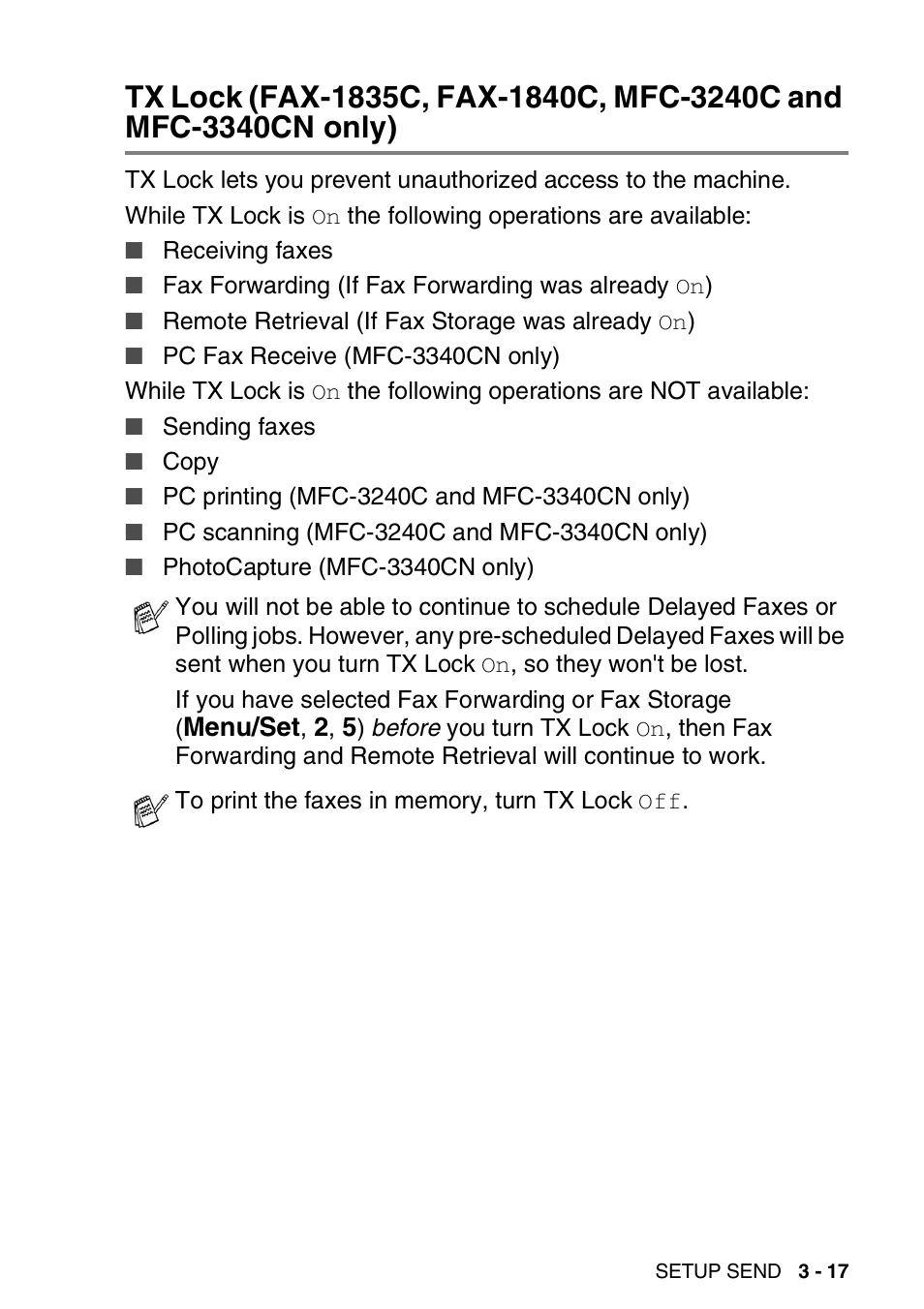 Tx lock (fax-1835c, fax-1840c, mfc-3240c, And mfc-3340cn only) -17 | Brother FAX-1840CN User Manual | Page 64 / 220