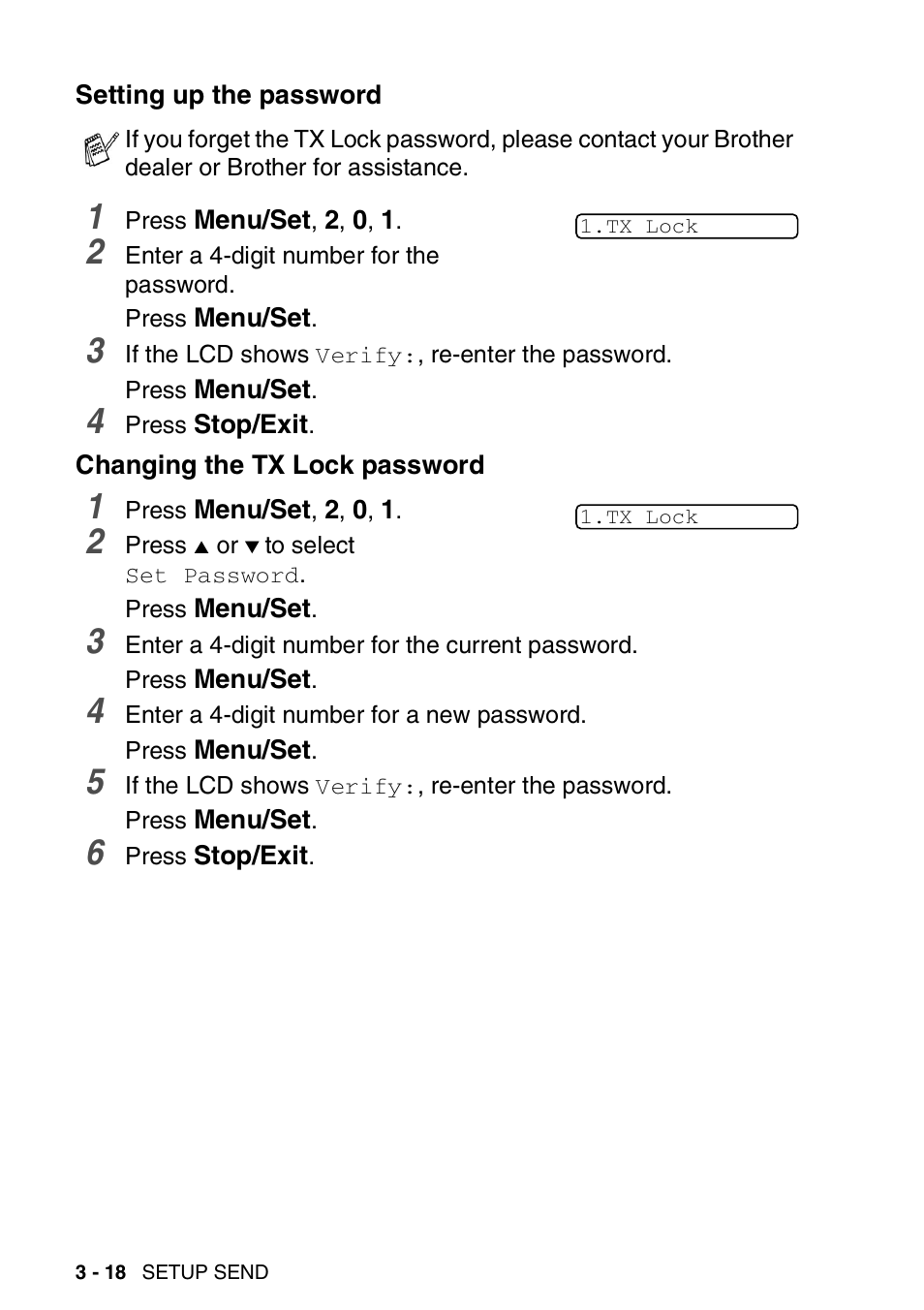 Setting up the password, Changing the tx lock password | Brother FAX-1840CN User Manual | Page 65 / 220