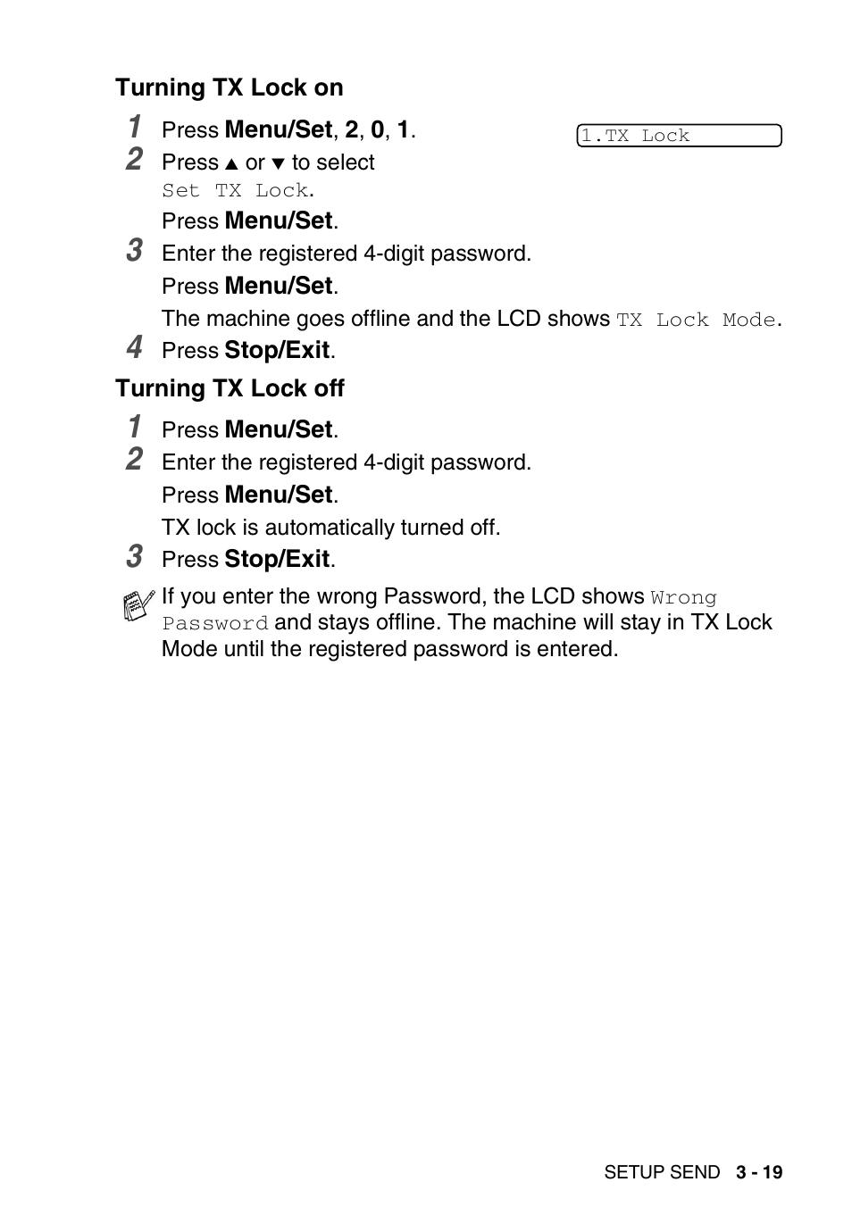 Turning tx lock on, Turning tx lock off, Turning tx lock on -19 turning tx lock off -19 | Brother FAX-1840CN User Manual | Page 66 / 220