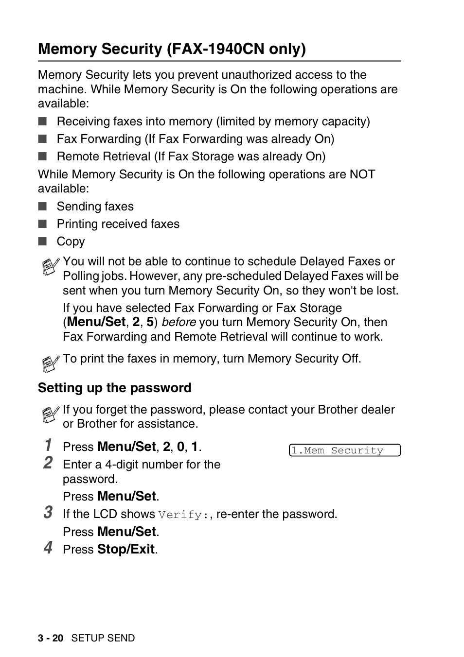 Memory security (fax-1940cn only), Setting up the password, Memory security (fax-1940cn only) -20 | Setting up the password -20 | Brother FAX-1840CN User Manual | Page 67 / 220
