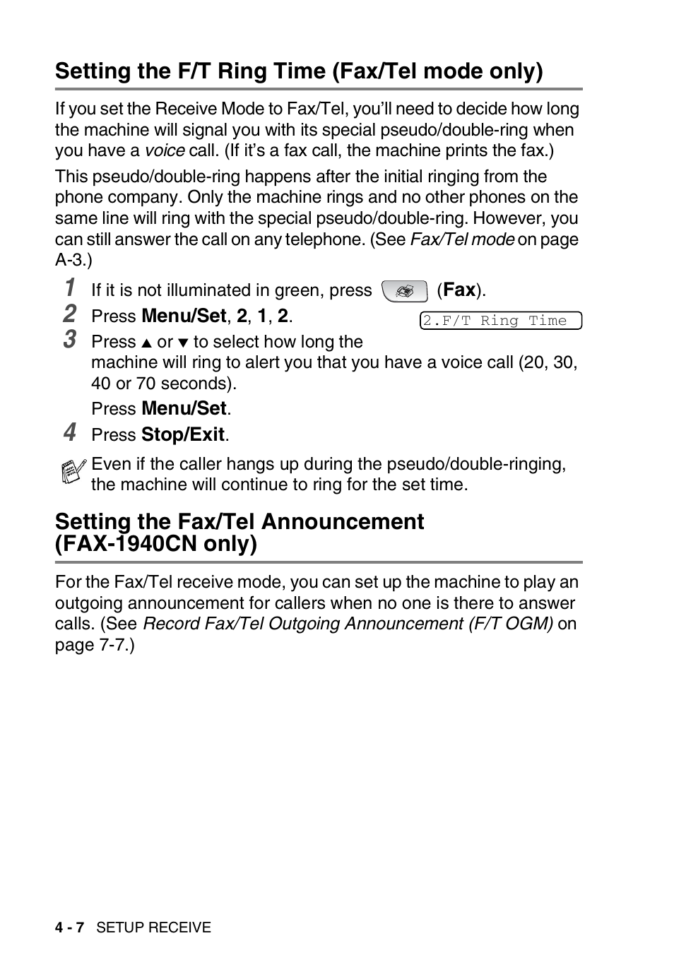 Setting the f/t ring time (fax/tel mode only), Setting the fax/tel announcement (fax-1940cn only), Fax-1940cn only) -7 | Brother FAX-1840CN User Manual | Page 75 / 220