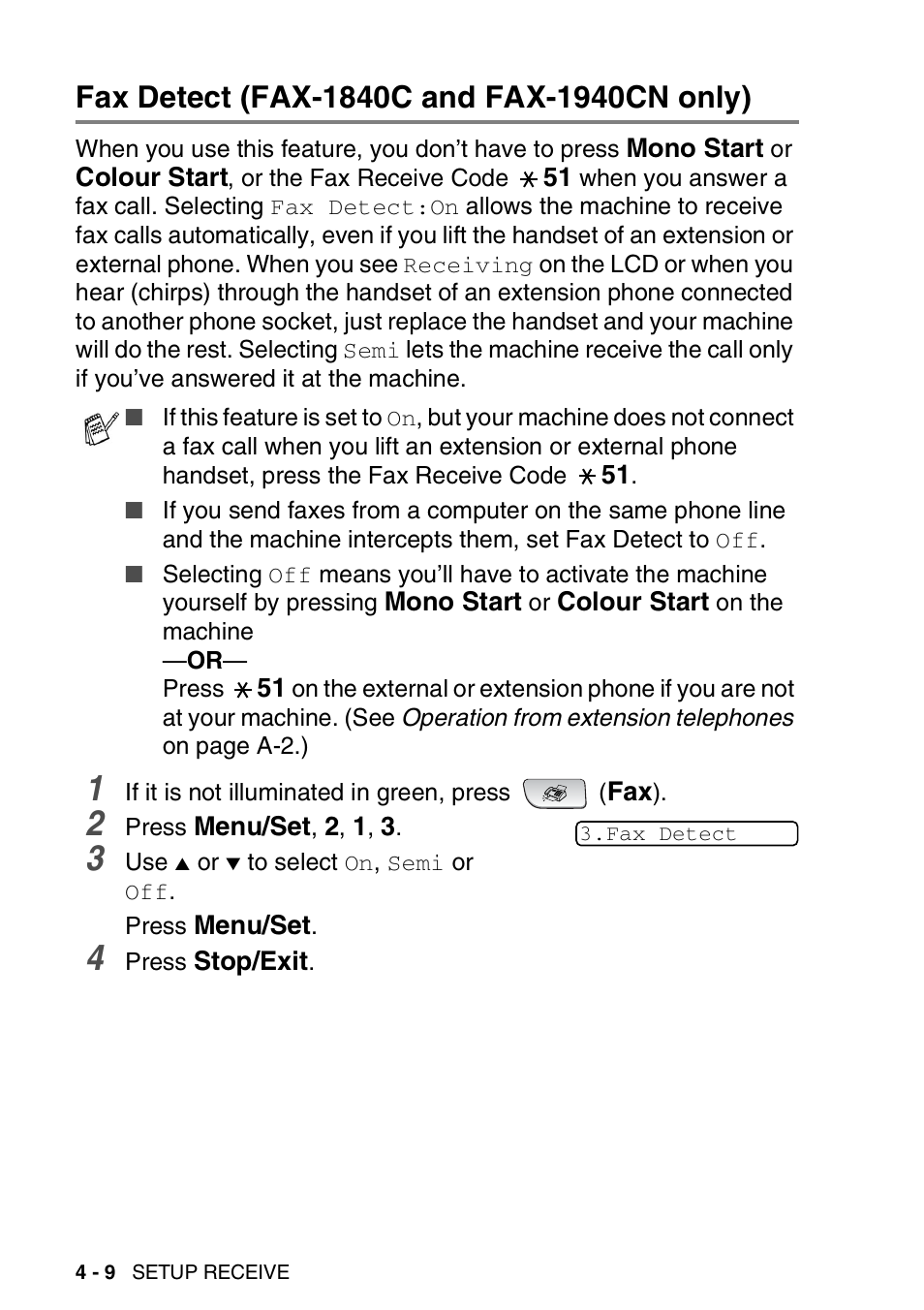 Fax detect (fax-1840c and fax-1940cn only), Fax detect (fax-1840c and fax-1940cn only) -9 | Brother FAX-1840CN User Manual | Page 77 / 220