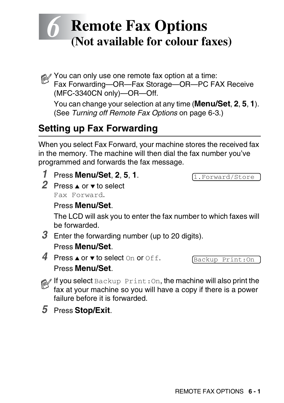 Setting up fax forwarding, Setting up fax forwarding -1, Remote fax options | Not available for colour faxes) | Brother FAX-1840CN User Manual | Page 92 / 220