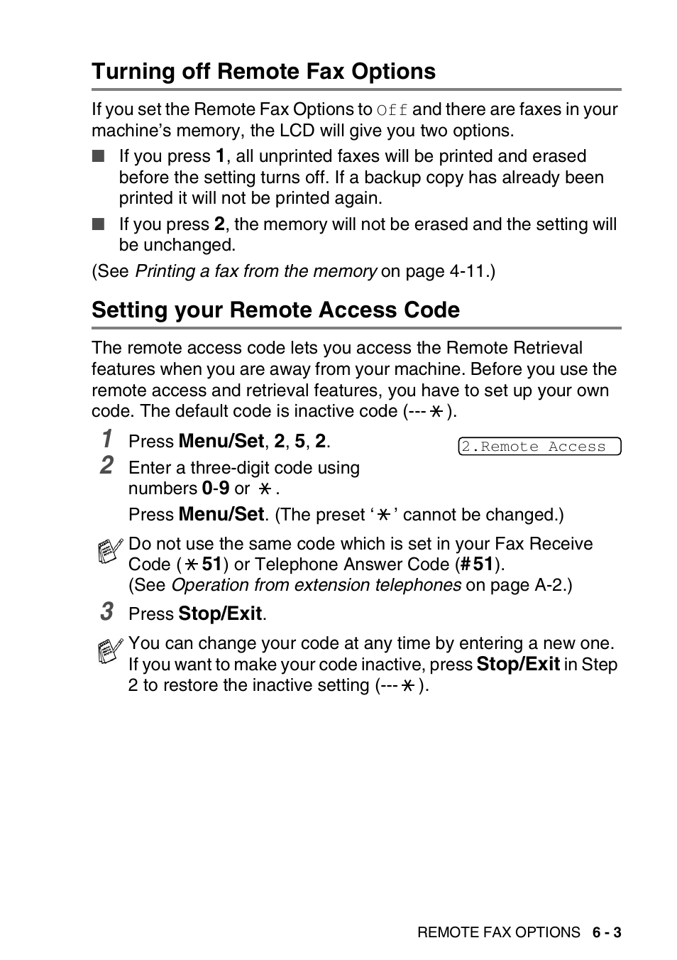 Turning off remote fax options, Setting your remote access code | Brother FAX-1840CN User Manual | Page 94 / 220