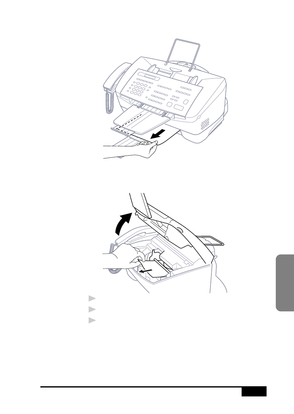 Paper is jammed inside front of mfc, Paper is jammed inside back of mfc | Brother MFC 7050C User Manual | Page 235 / 264