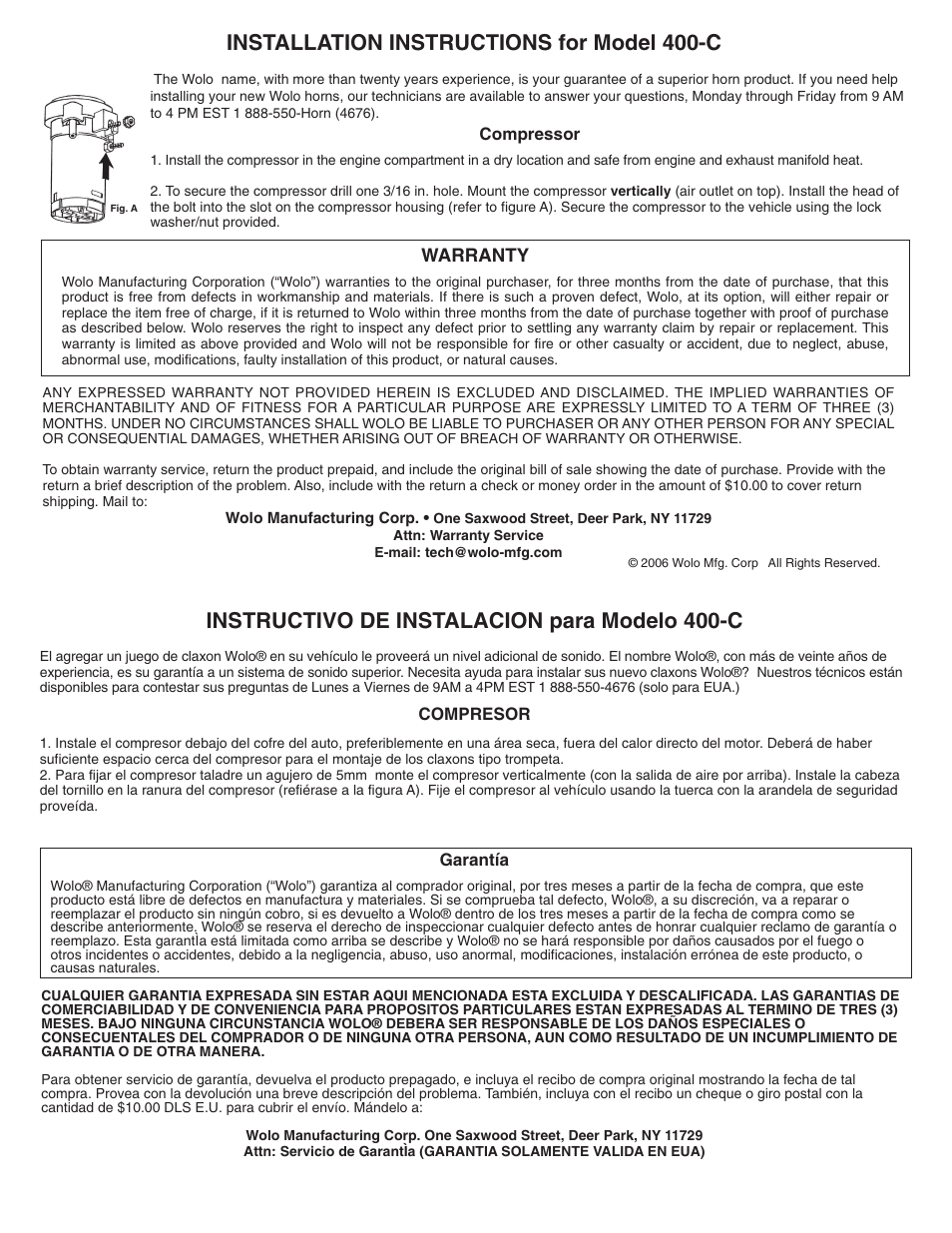 Wolo 400-C Direct Drive Compressor User Manual | 1 page
