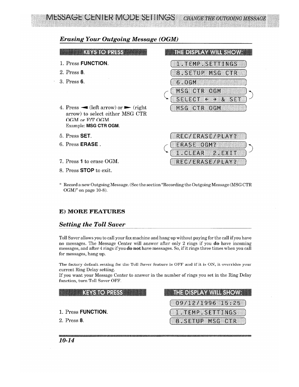 Erasing your outgoing message (ogm), Keys to pres, Press function | The display will show, E) more features setting the toll saver, Erasing your outgoing message (ogm) -14, E) more features | Brother 875 MC User Manual | Page 110 / 166