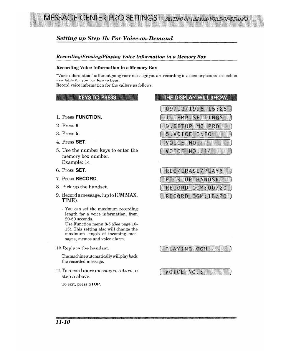 Press function, The display will show, Rn'ih 1 | Function, Record | Brother 875 MC User Manual | Page 134 / 166