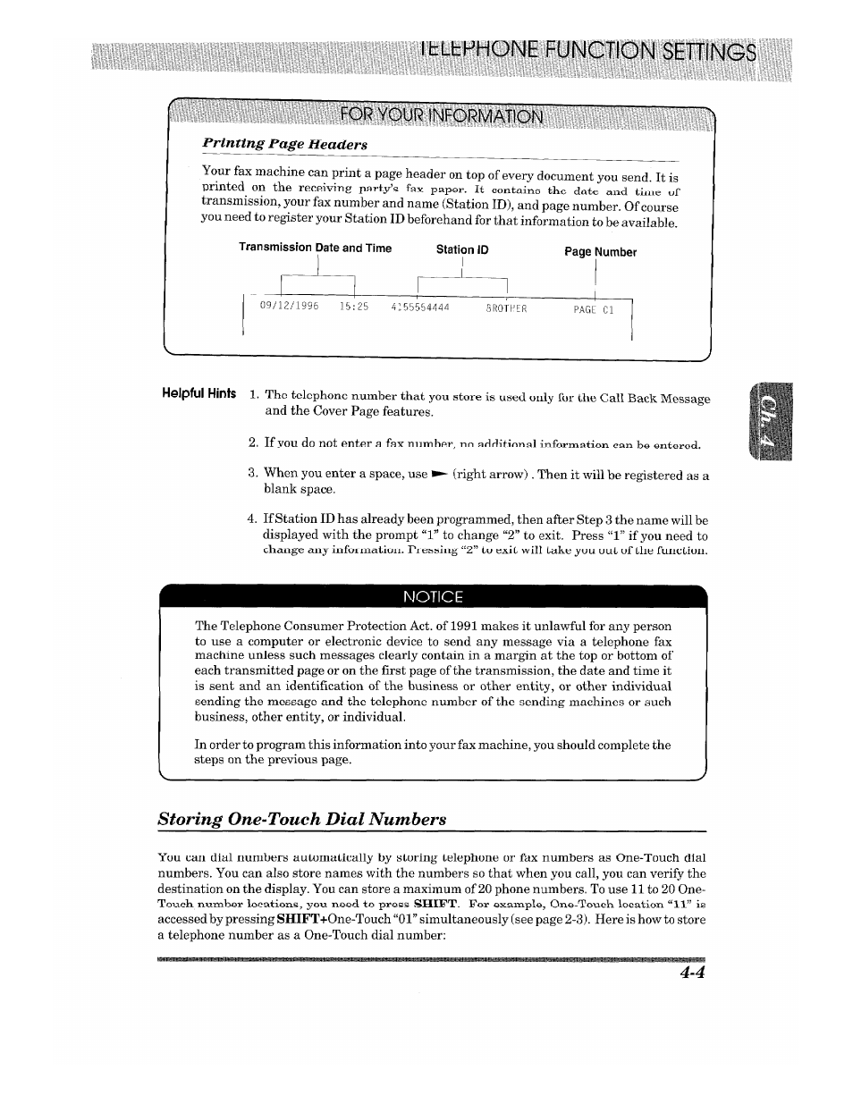 Storing one-touch dial numbers, Func, Notice | Printing page headers, Helpful hints | Brother 875 MC User Manual | Page 39 / 166
