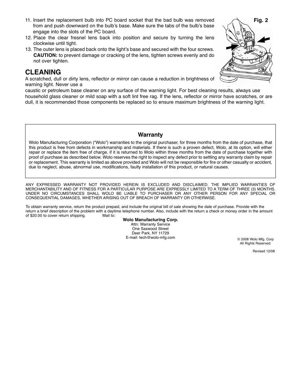 Cleaning, Warranty | Wolo 3700M SERIES Priority 2 User Manual | Page 2 / 2